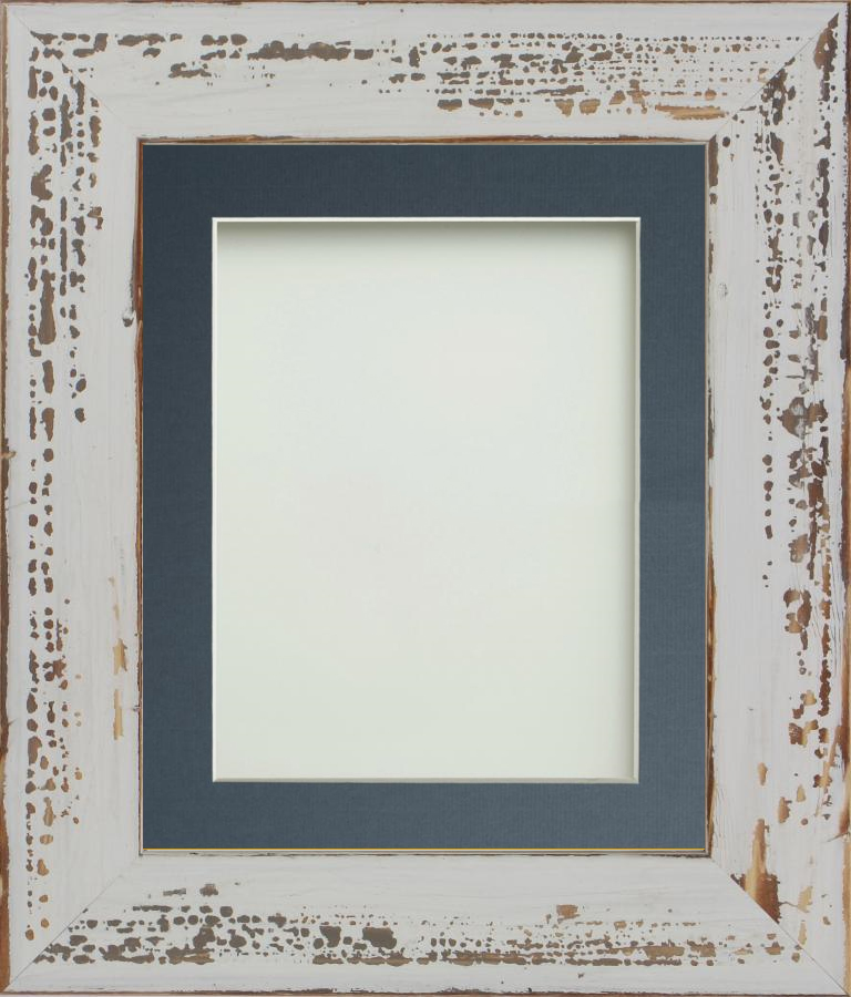 Shoreditch Distressed White A4 (11.75x8.25) frame with Blue mount cut for image size 9x6